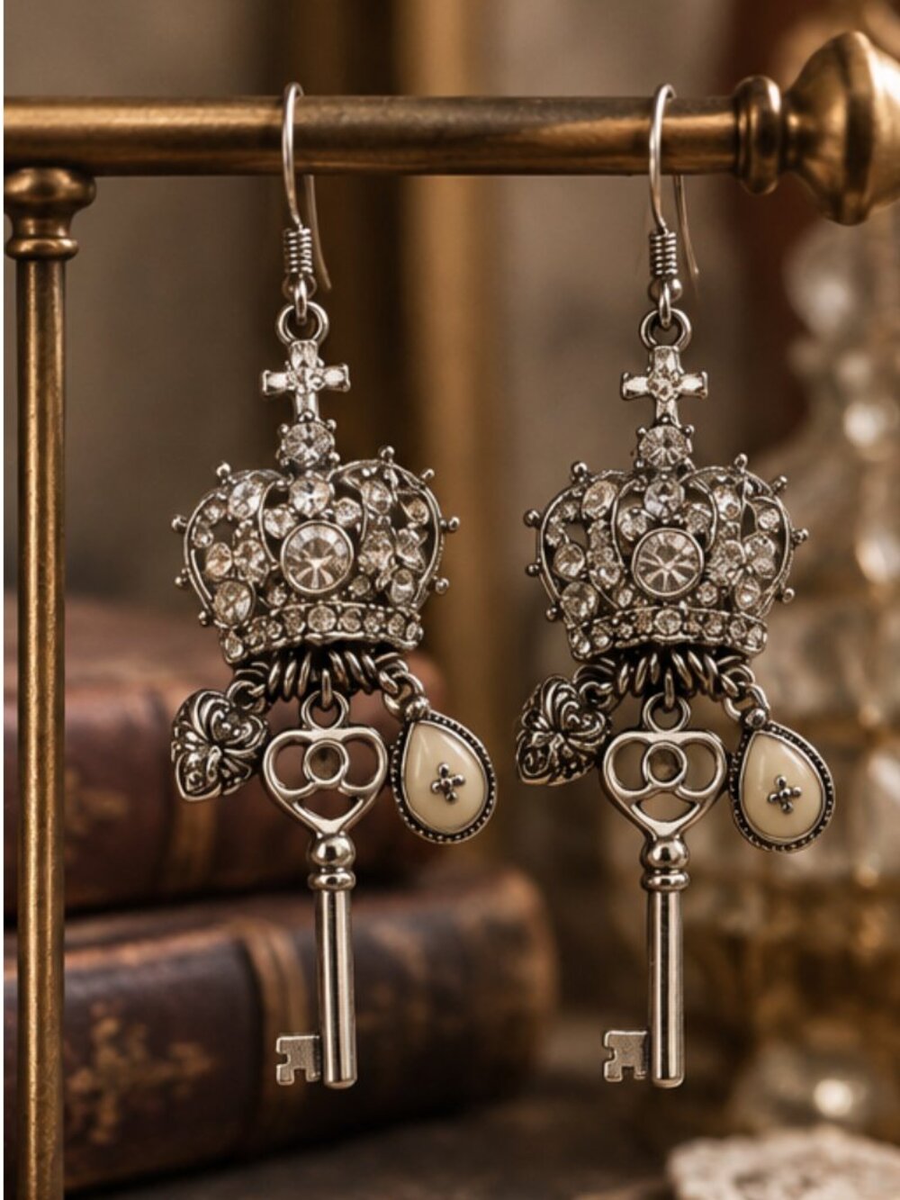 Vintage Inspired Rhinestone Crown Key Dangle Earrings with Silver Tone Charms